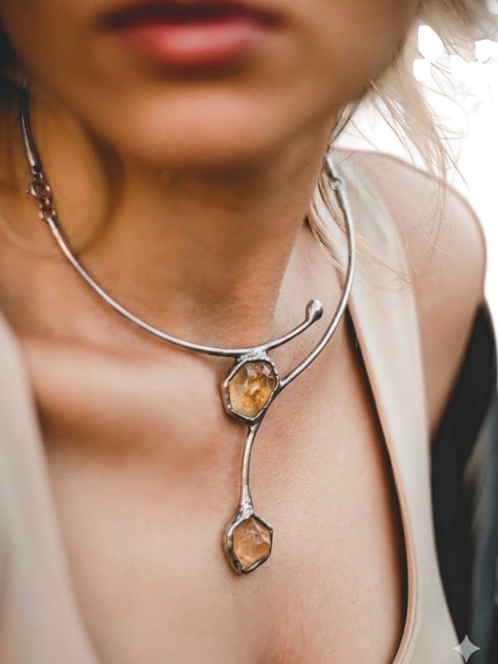 Vintage Collar Necklace — Raw Citrine Stones — Oxidized Pewter-Tone Metal